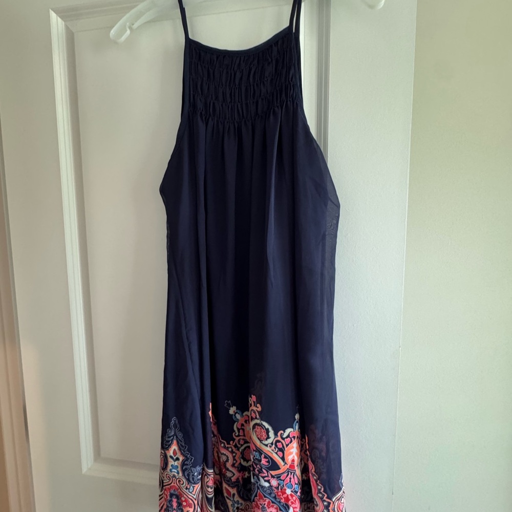 Navy Blue Sleeveless Dress with Paisley Hem Size L